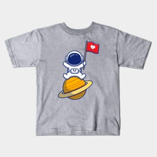 Cute Astronaut Sitting On Planet With Love Flag Kids T-Shirt